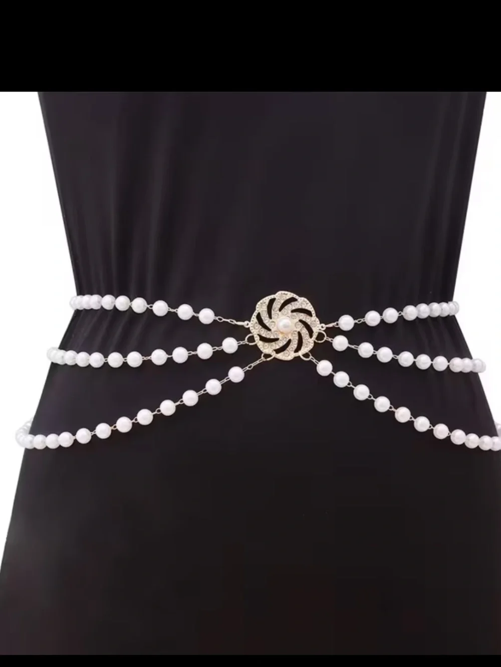 Anthropologie White Pearl Multi-Strand Waist Chain with Gold Medallion